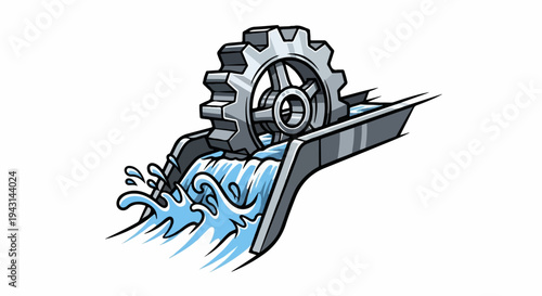 Toothed wheel powering flowing water in a channeled stream
