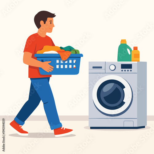 Man carrying laundry basket to the washing machine