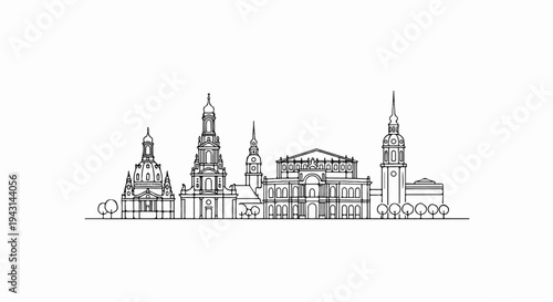 A black and white line drawing of a city skyline with ornate buildings and trees