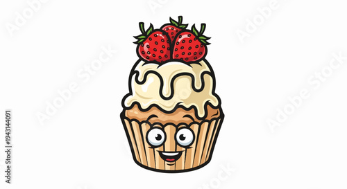 A cheerful cartoon cupcake with frosting and strawberries, a sweet treat