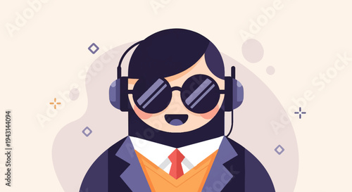 Stylized person wearing headphones and sunglasses, dressed in a suit