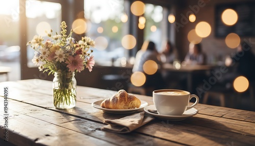 Cozy Coffee Shop Table with Flowers and Pastry