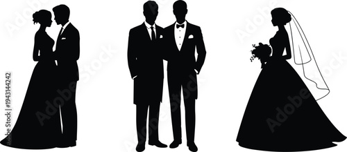 Silhouettes of wedding couples and a bride with a bouquet groom