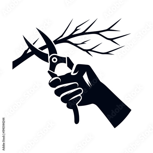 Hand pruning tree branch with shears, minimalist black and white, gardening symbol