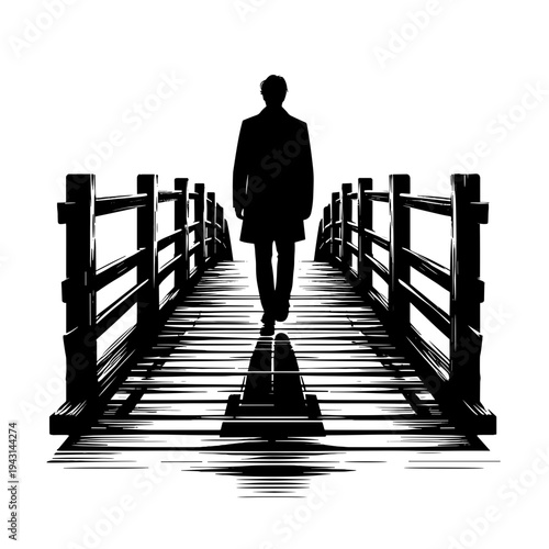 Silhouette man walking bridge alone at dusk