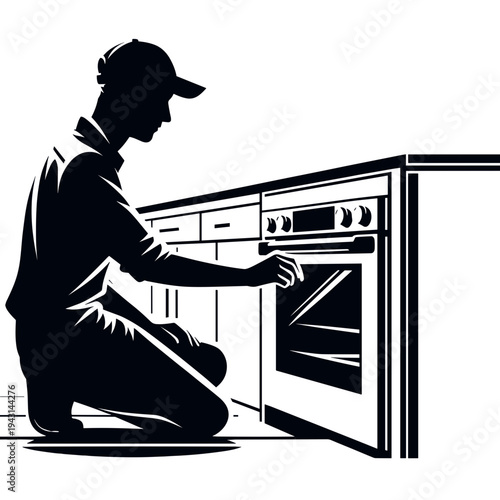 Technician repairing oven in kitchen background