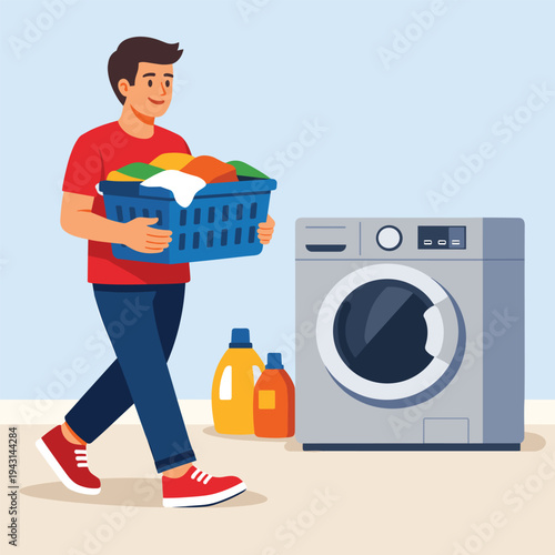 Man walking with laundry basket to do laundry