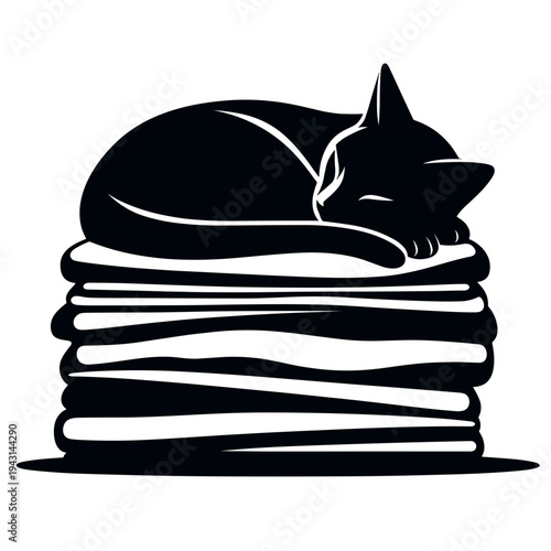 Black cat sleeping on stacked clothes in minimalist silhouette style
