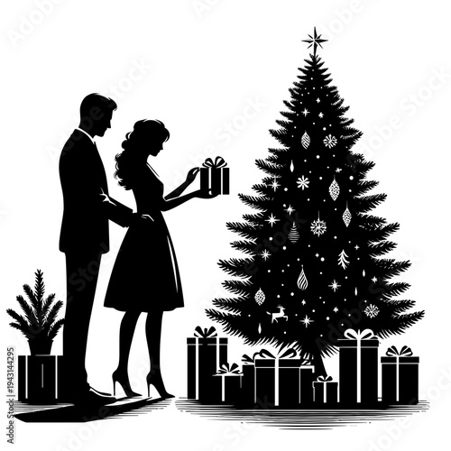 Couple exchanging gift during Christmas with decorated tree background