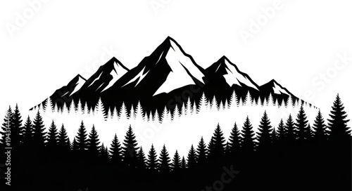 Mountain Range Silhouette with Trees.