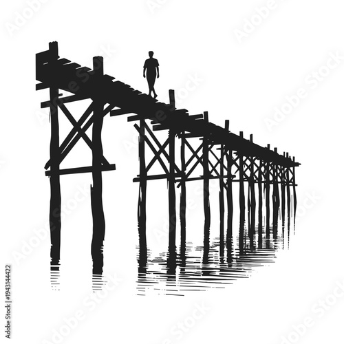 Person walking on wooden bridge over water