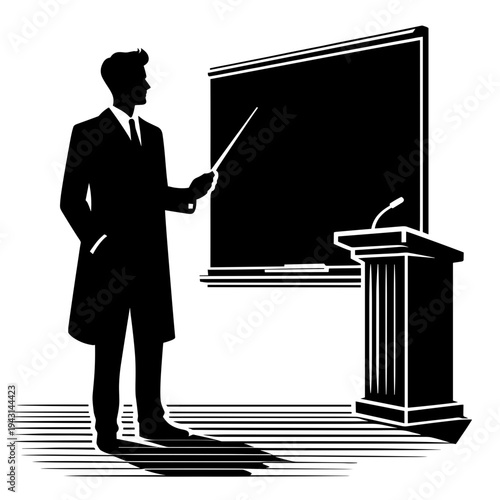 Man presenting with pointer in lecture hall setting