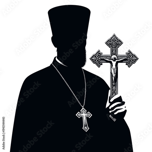 Silhouette clergyman holding ornate cross religious symbol