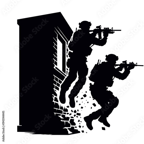 Soldiers in combat action against a brick wall background