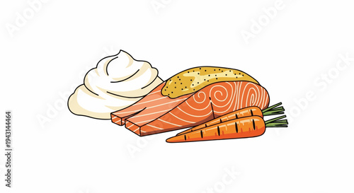 A delicious meal of salmon, creamy sauce, and carrots