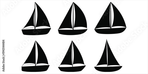 Six Black Sailboat Silhouettes On White Background sail boat ship