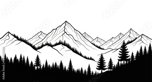Mountain Range Silhouette with Trees.