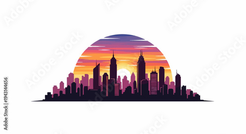 A pixelated cityscape silhouette against a vibrant sunset sun