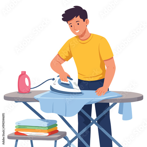 Man ironing clothes at home with laundry supplies