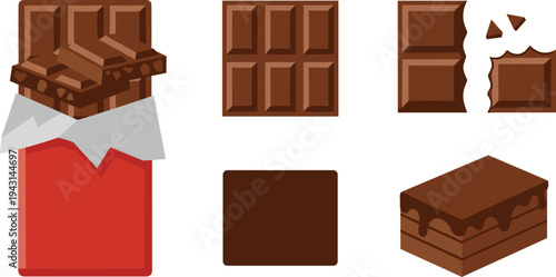 Chocolate Bar and Chocolate Pieces Collection Sweet Dessert Vector Illustration Set