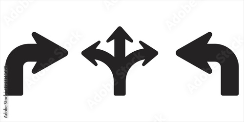 Three black arrows showing left right and straight ahead on white background Keywords: arrow, direction, choice, decision, path