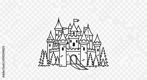 A whimsical black and white line drawing of a fairytale castle with towers and flags, nestled among pine trees