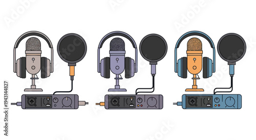 Studio Microphones and Headphones Setup Equipment.