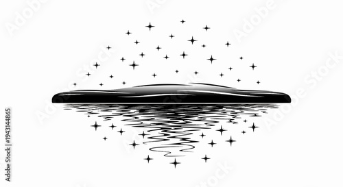 Abstract, dark, stylized landscape with stars above and reflected below