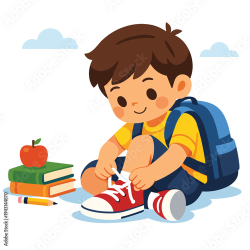 Child tying shoelaces with school supplies nearby