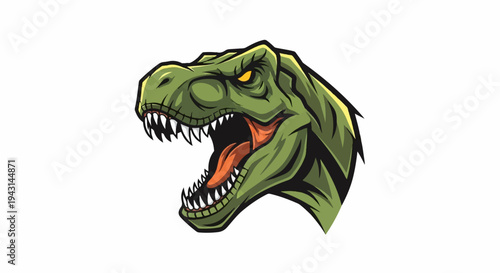 A fierce, green dinosaur with its mouth open and sharp teeth showing