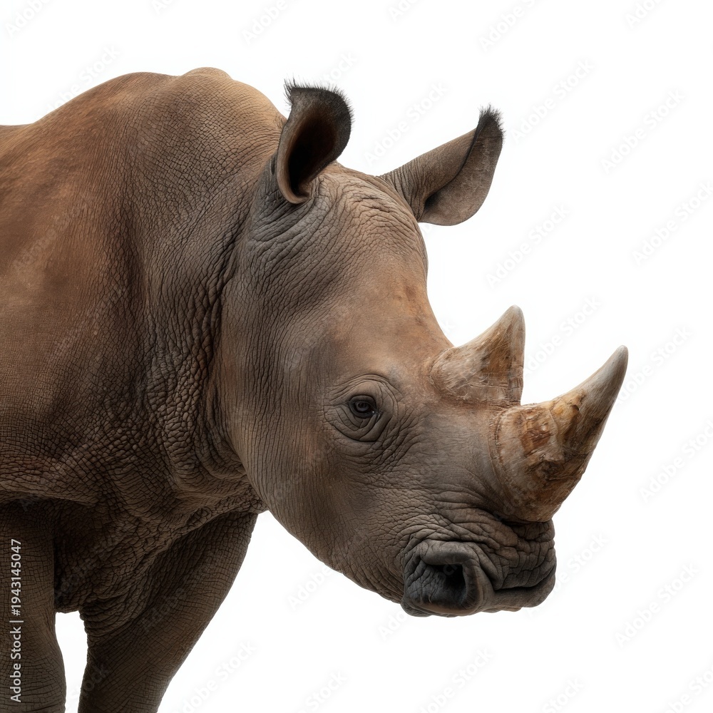 Fototapeta premium Brown rhinoceros angled portrait isolated on white background head and horn close perspective textured hide and ears