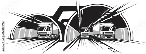 Three trucks drive through tunnels with dramatic perspective and light lines