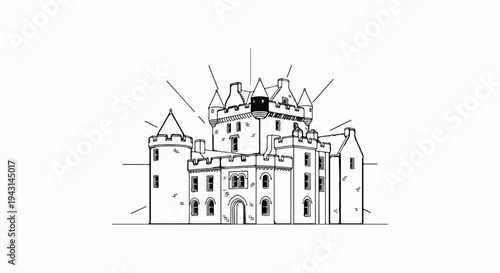 Black and white sketch of a grand castle with multiple towers and arched doorways
