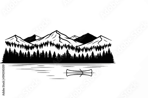 Black and white illustration of mountains, forest, lake, and canoe