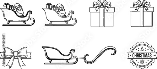 Christmas Sleigh Santa Gifts Bow Ribbon and Holiday Badge Outline Collection Vector Illustration Set Isolated