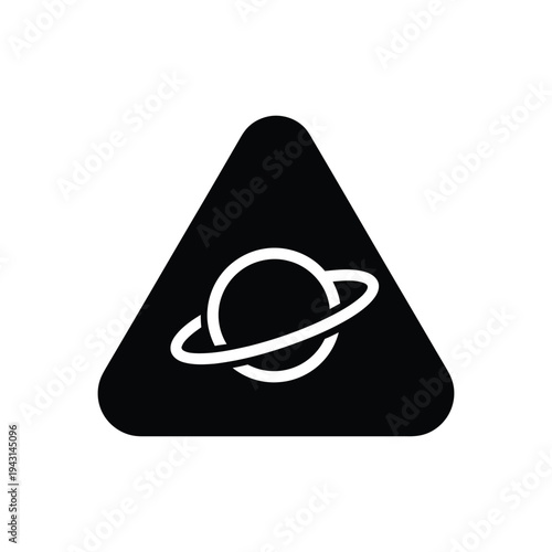 Ringed planet icon in bold monochrome emblem.