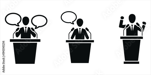 Three Black Silhouette Icons of Speakers at Podiums with Speech Bubbles Keywords: speaker, podium, speech, talking