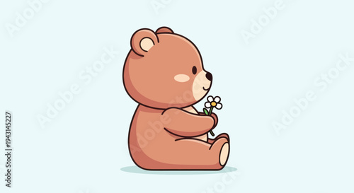 Cartoon Teddy Bear Holding Flowers Sitting.