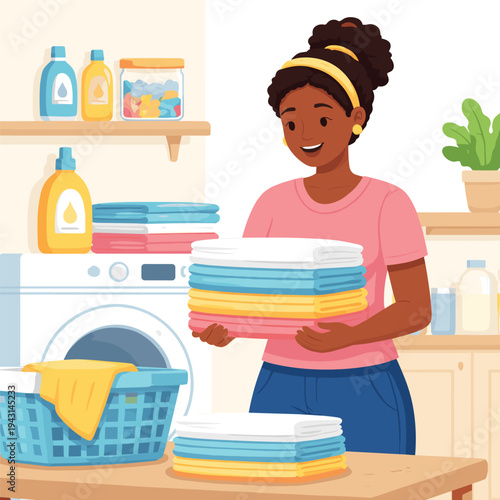 Woman organizing clean laundry in the laundry room