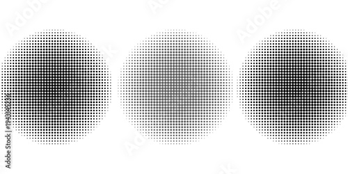Set of halftone dots gradient pattern texture isolated on white background. Straight dotted spots using halftone circle dot raster texture.