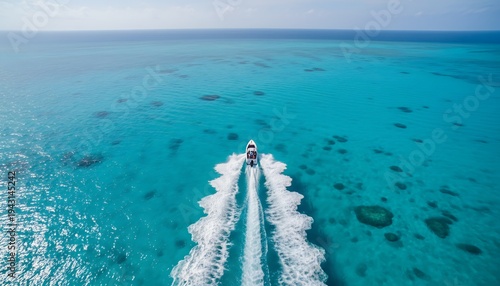 Aerial View Boat Speedboat Moving Across Bright Turquoise Ocean