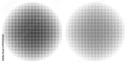 Set of halftone dots gradient pattern texture isolated on white background. Straight dotted spots using halftone circle dot raster texture.