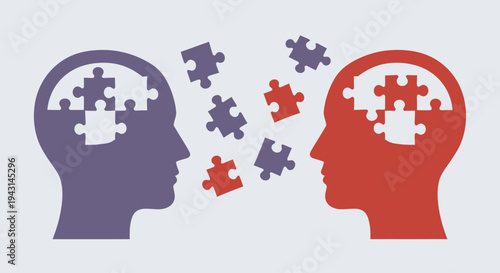 Two Human Heads Exchanging Puzzle Pieces.