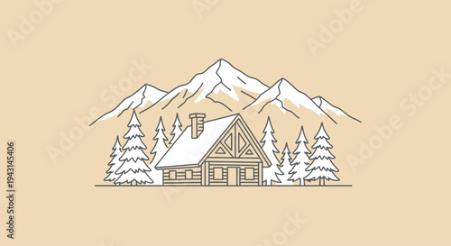 Snowy Cottage with Mountains and Trees.