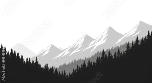Mountain Range Silhouette with Trees.