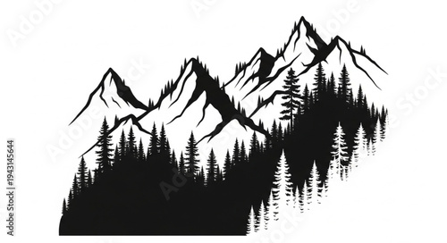Mountain Range Silhouette with Trees.