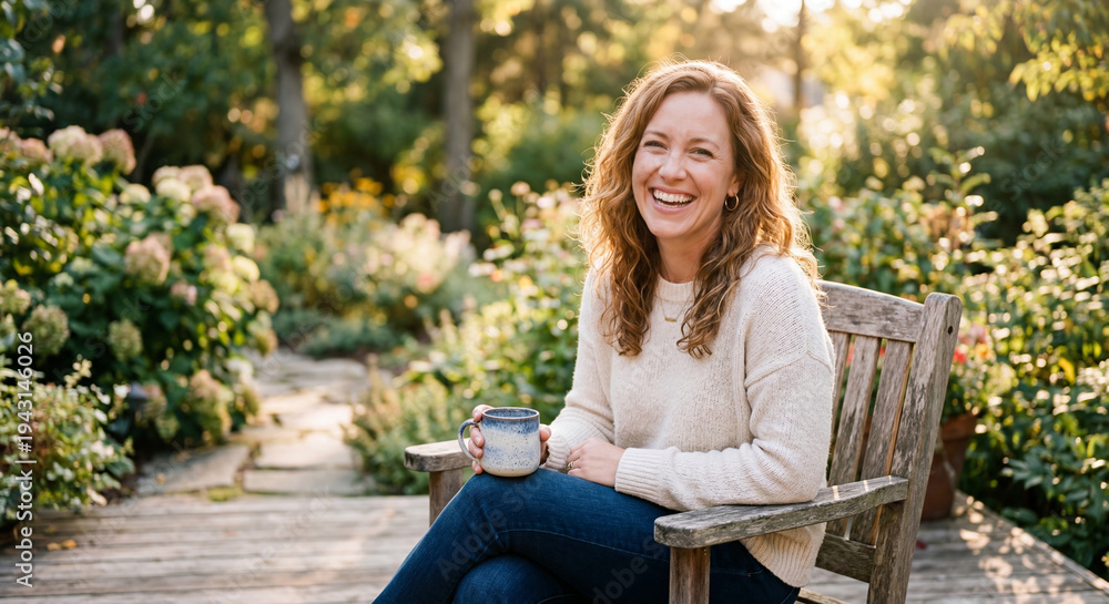 Obraz premium Serene Moment in Garden: A woman, radiating warmth, enjoys a quiet moment in a beautiful garden. Smiling gently, she sits on a wooden chair, holding a mug.