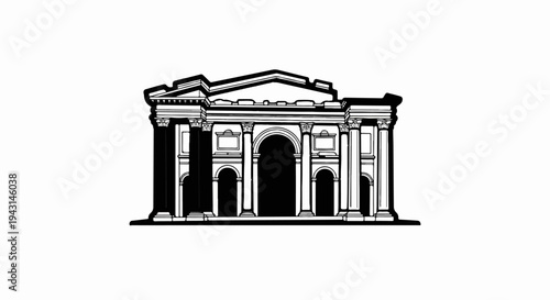 A monochrome illustration of a classical building facade with arches and columns