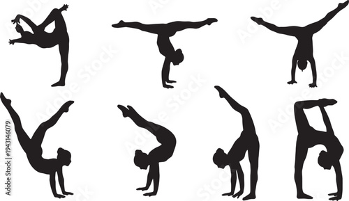 Black Solid Acrobatic Sports Gymnast Silhouettes Set of Six on White Background