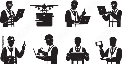 Black Solid Aerospace Design Engineer Silhouettes Set of Six on White Background